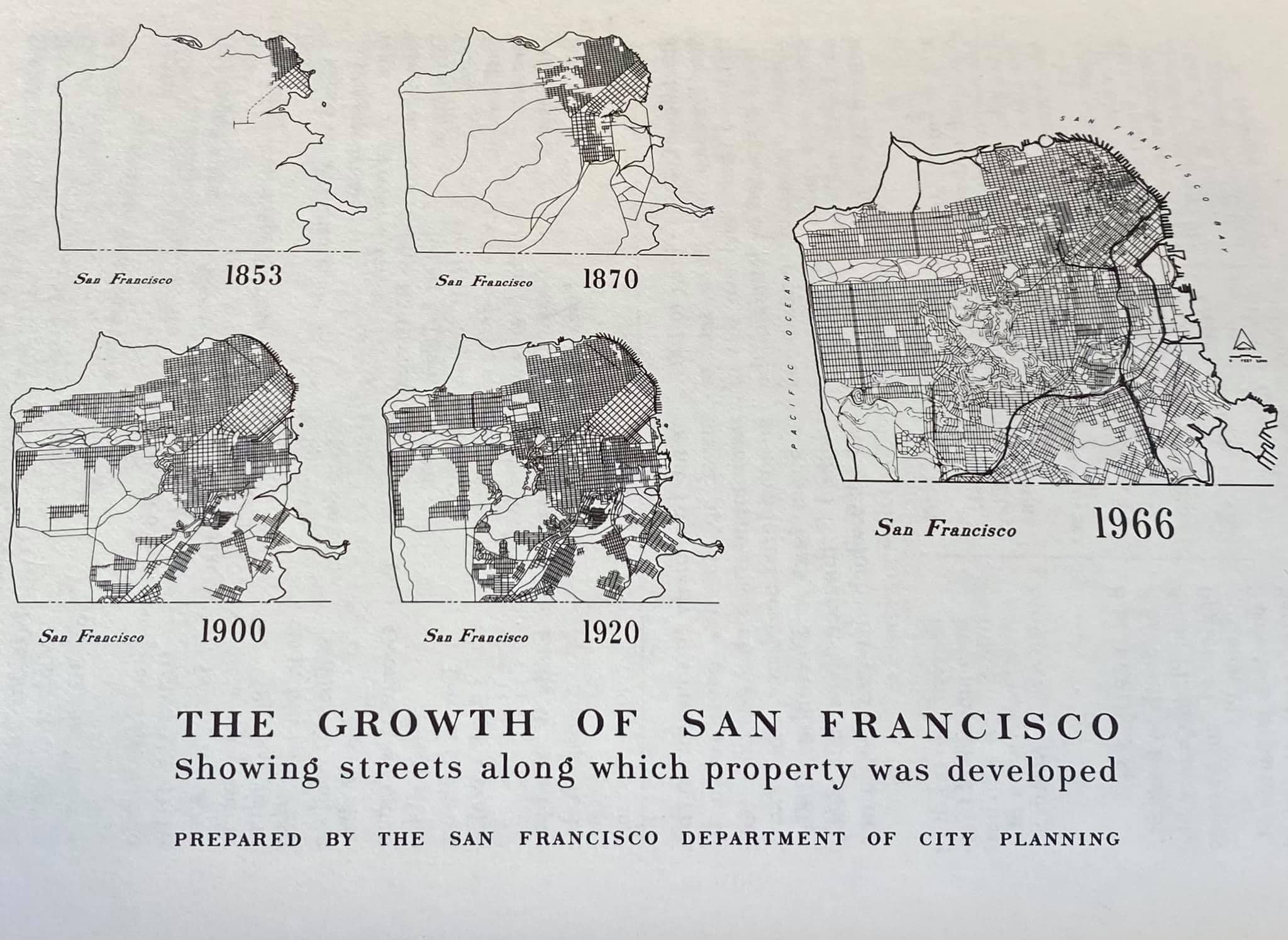 The meme is a series of maps of San Francisco's growth from 1853 to 1966. The text at the bottom of the image reads, "The growth of San Francisco: Showing streets along which property was developed." The maps show how the city's development and urbanization have changed over time, with the 1966 map showing a much larger and more developed city compared to the earlier maps.